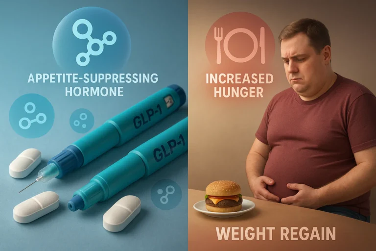 3D medical concept showing GLP-1 receptor agonist pills and injection pens with appetite suppression graphics transitioning to hunger and weight regain after stopping medication.