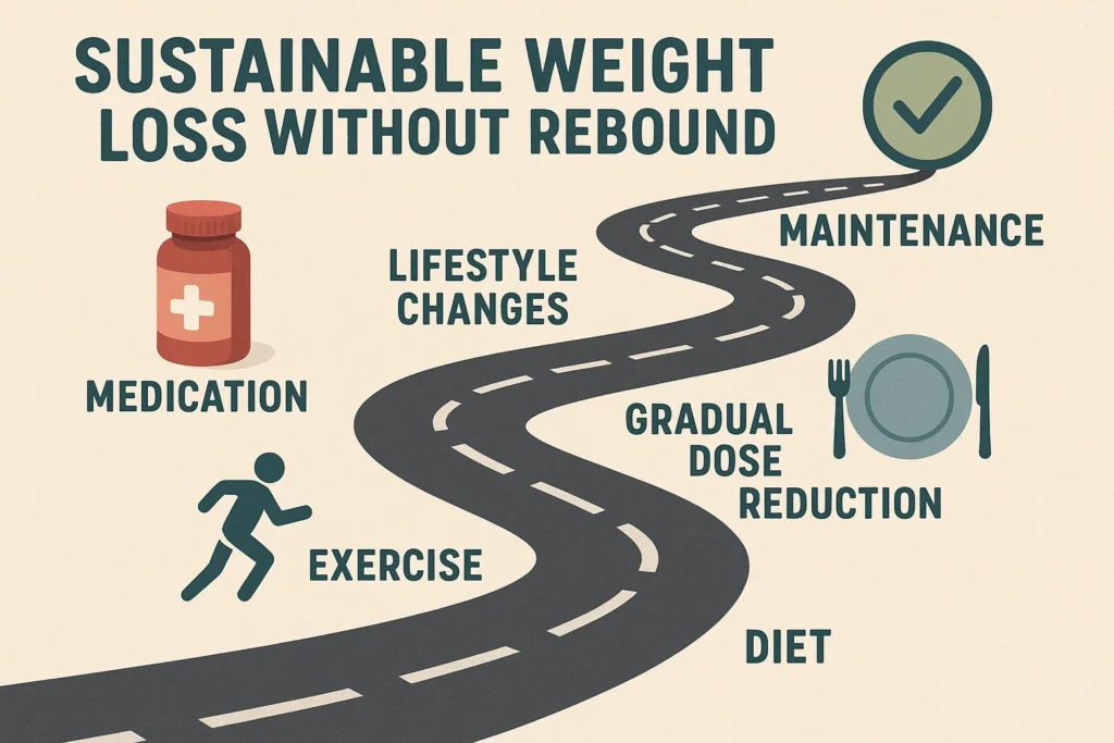 Infographic of a winding road labeled with medication, lifestyle changes, gradual dose reduction, exercise, diet, and maintenance, representing sustainable weight loss without rebound.