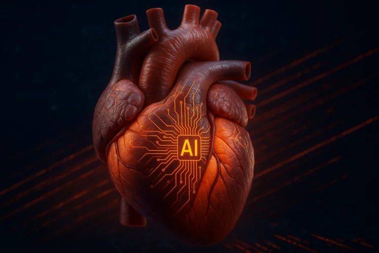 3D medical illustration of a human heart with thickened walls from hypertrophic cardiomyopathy, overlaid with AI circuit patterns and data streams to represent artificial intelligence detecting arrhythmia risk.