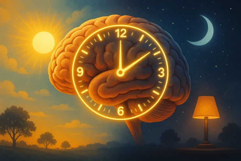 3D illustration of a human brain with an overlaid glowing 24-hour circadian clock, surrounded by day and night scenes with sunlight and artificial light, representing the link between body clocks, mood, and overall health.