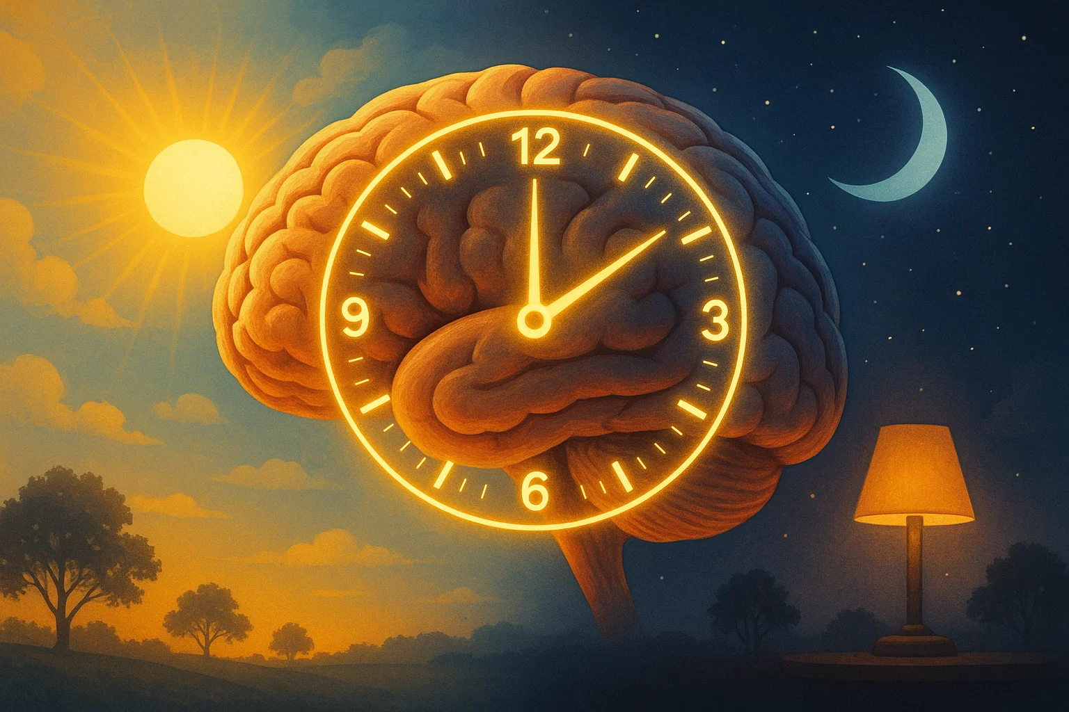 3D illustration of a human brain with an overlaid glowing 24-hour circadian clock, surrounded by day and night scenes with sunlight and artificial light, representing the link between body clocks, mood, and overall health.