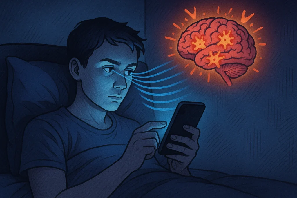 Medical concept art of a person in bed at night using a smartphone, with blue light waves entering the eyes and triggering brain inflammation graphics, symbolizing disrupted circadian rhythms and health effects.