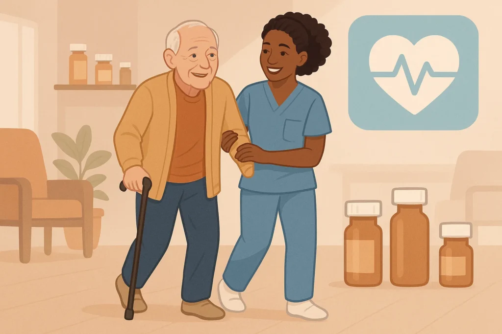Concept art of an elderly care home resident walking with improved mobility after medication reduction, assisted by a nurse, with fewer pill bottles and a digital health icon in the background.