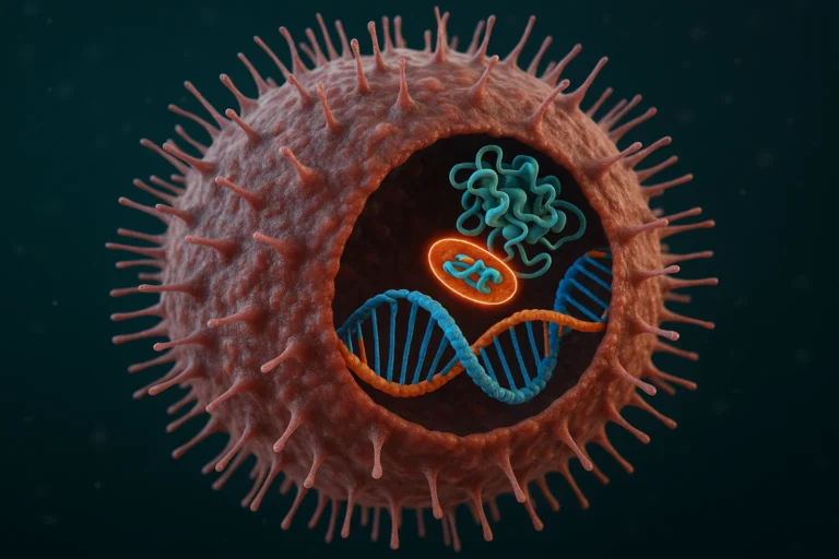 3D medical illustration of a human T-cell infected with HTLV-1, showing the integrated viral genome with a highlighted silencer element bound to the RUNX1 protein, representing suppression of viral gene expression.