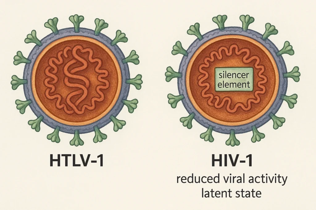 Concept image comparing HTLV-1 and HIV-1 side by side, with the silencer element inserted into the HIV-1 genome to reduce viral activity and induce a latent-like state.