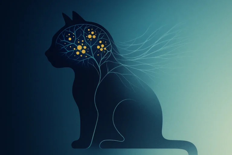 A minimalist digital illustration of an elderly cat in profile, sitting calmly. Its silhouette softly transitions into abstract neuron-like branches.