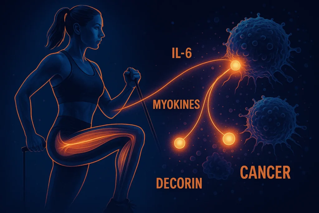 A split-view medical illustration showing a woman performing resistance and HIIT exercises on one side, and on the other side, microscopic cancer cells being suppressed by glowing muscle-derived proteins (myokines). Visual symbolizes how physical activity helps inhibit cancer growth at the cellular level.