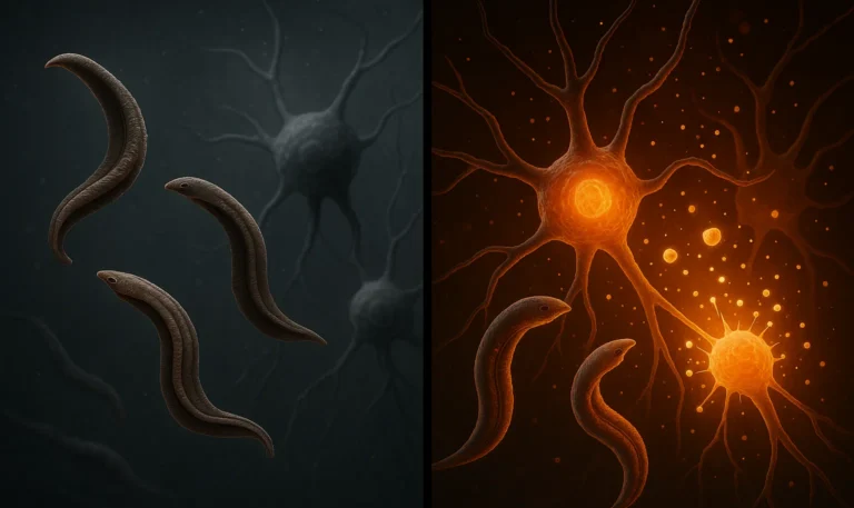 Conceptual split-scene artwork showing parasites evading muted gray TRPV1 neurons on the left, contrasted with brightly activated TRPV1 neurons releasing immune signals to repel parasites on the right.