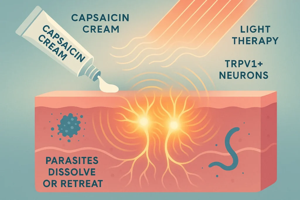 Futuristic medical illustration of capsaicin cream and light therapy stimulating TRPV1+ neurons in the skin, with glowing neurons releasing immune molecules that repel and destroy invading parasites
