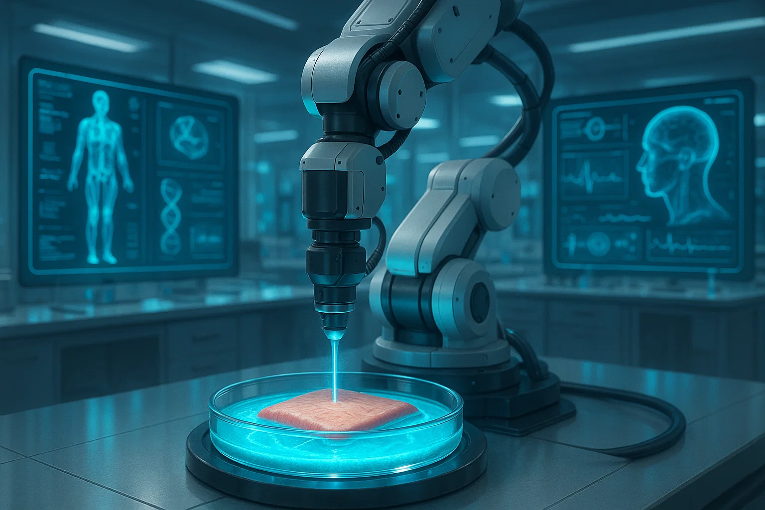 Futuristic 3D bioprinter fabricating human skin using glowing blue bioink in a modern medical laboratory.