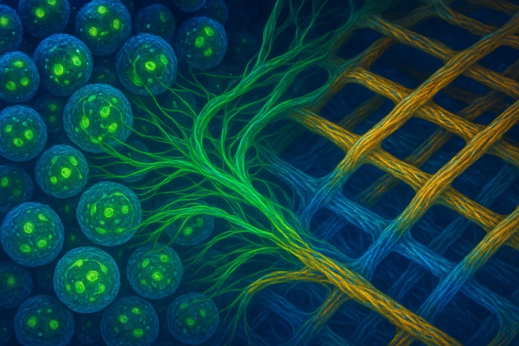 Microscopic artistic visualization of biphasic granular bioink with porous gelatin microcarriers and living cells forming a 3D printed skin scaffold for scar-free regeneration.