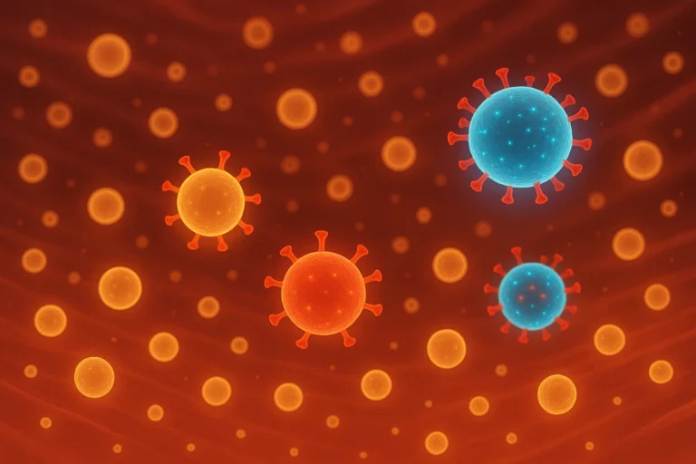 Illustration of blood plasma showing extracellular vesicles carrying SARS-CoV-2 viral proteins, highlighting their role as potential biomarkers for long COVID.
