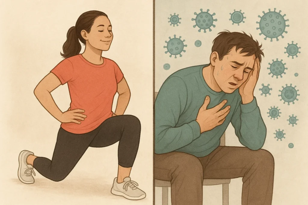 Split-screen concept showing a healthy person exercising and a fatigued long COVID patient struggling with breathlessness, symbolizing post-COVID symptoms
