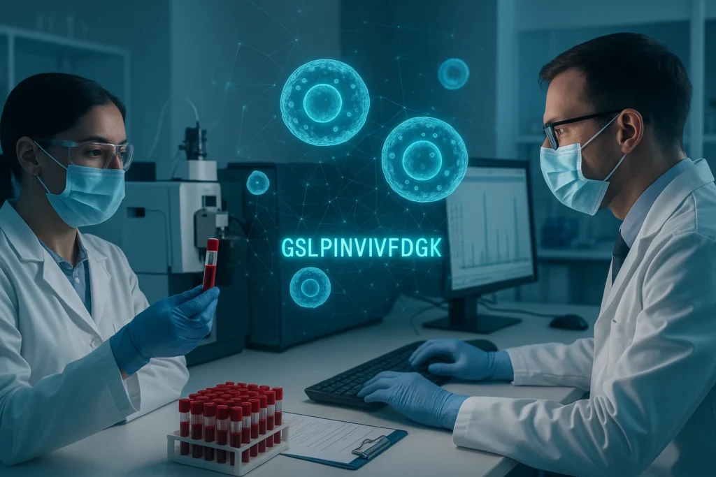 Medical researchers using mass spectrometry to detect SARS-CoV-2 peptides in extracellular vesicles as a potential biomarker for long COVID diagnosis.