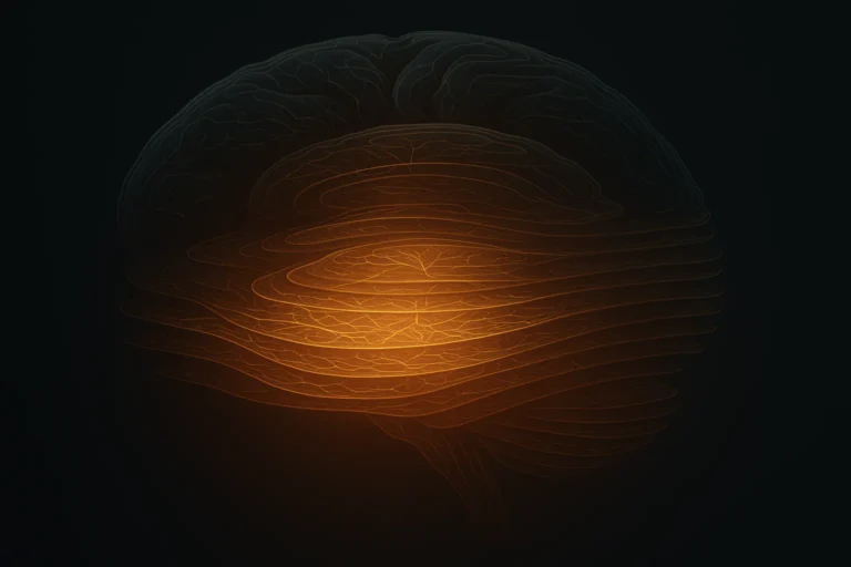 Illustration of a human brain shown in layered cross-sections, with the middle input layer glowing brightly and deeper layers appearing thinner, symbolizing how aging alters sensory processing.