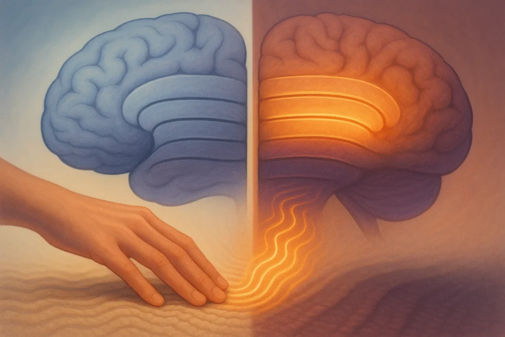Conceptual image showing a young brain transitioning to an older brain with thicker input layers and thinner deep layers, with a hand touching textured surfaces sending glowing waves into the brain.