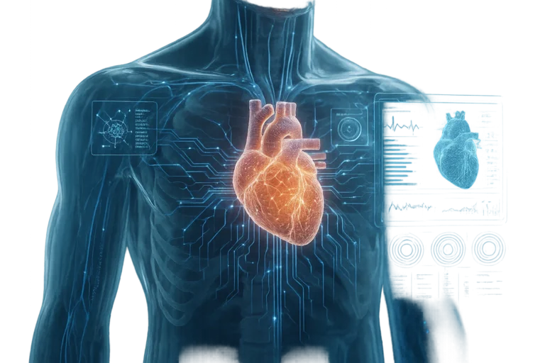 3D illustration of a human torso with a glowing digital twin heart surrounded by biometric data, AI circuits, and medical dashboards, symbolizing personalized medicine and real-time health monitoring.