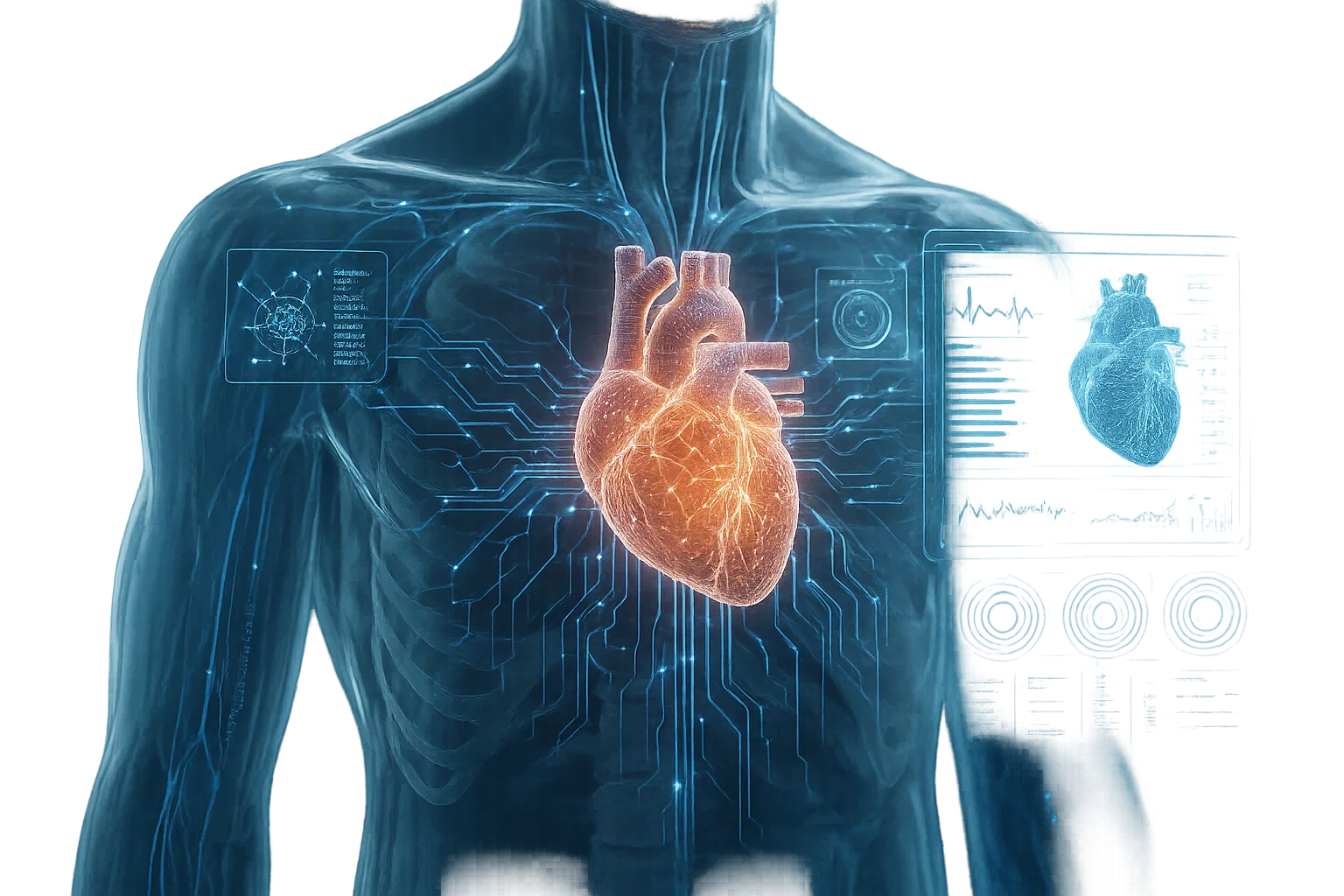 3D illustration of a human torso with a glowing digital twin heart surrounded by biometric data, AI circuits, and medical dashboards, symbolizing personalized medicine and real-time health monitoring.