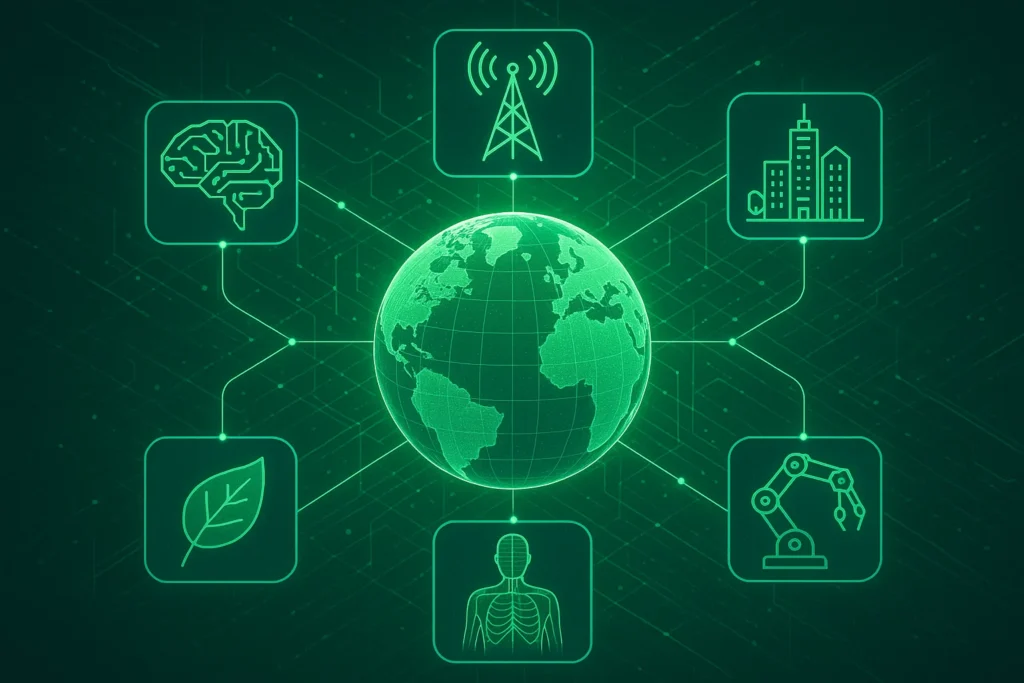 Conceptual image of a connected globe surrounded by icons representing AI, 5G, smart cities, green sustainability, and human anatomy, illustrating the global impact and future of digital twins.