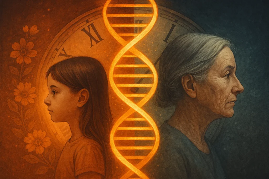 Conceptual illustration of a young girl transforming into a woman, overlaid with a glowing DNA helix and a ticking clock. One half of the clock shows youth and blooming vitality, while the other half shows signs of aging, symbolizing how early puberty and childbirth accelerate aging