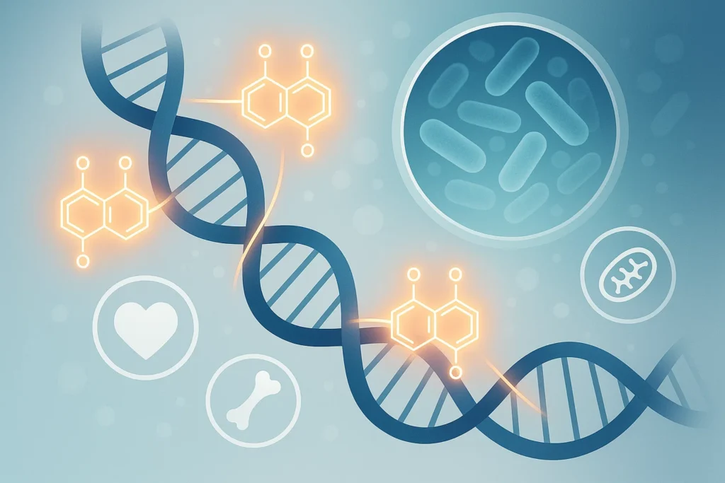 Stylized visualization of DNA strands intertwined with glowing quinone molecules, surrounded by icons of a heart, bone, and mitochondria. In the background, bacterial cells appear under a microscope, representing the genetic regulation of quinones and their health benefits