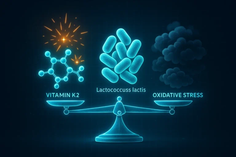 Conceptual illustration of Lactococcus lactis bacteria balancing on a glowing scale. One side holds vitamin K2 molecules and energy sparks for growth, while the other side shows dark oxidative stress clouds, symbolizing the balance between quinone benefits and toxicity.