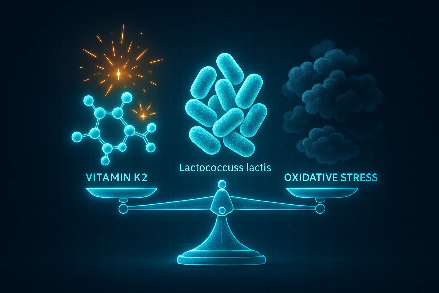 Conceptual illustration of Lactococcus lactis bacteria balancing on a glowing scale. One side holds vitamin K2 molecules and energy sparks for growth, while the other side shows dark oxidative stress clouds, symbolizing the balance between quinone benefits and toxicity.