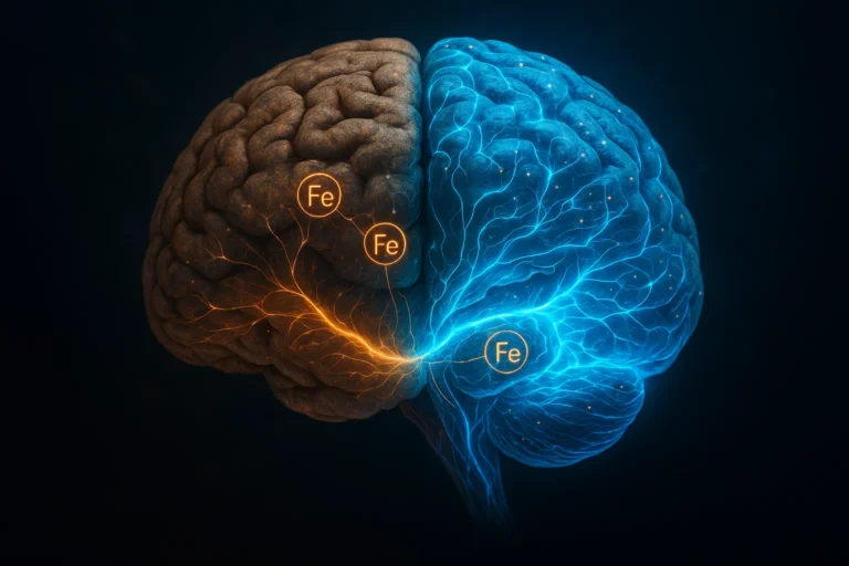 Digital illustration of a human brain with highlighted hippocampus, iron particles around it, and glowing neural connections transitioning from aged (dull) to youthful (bright).