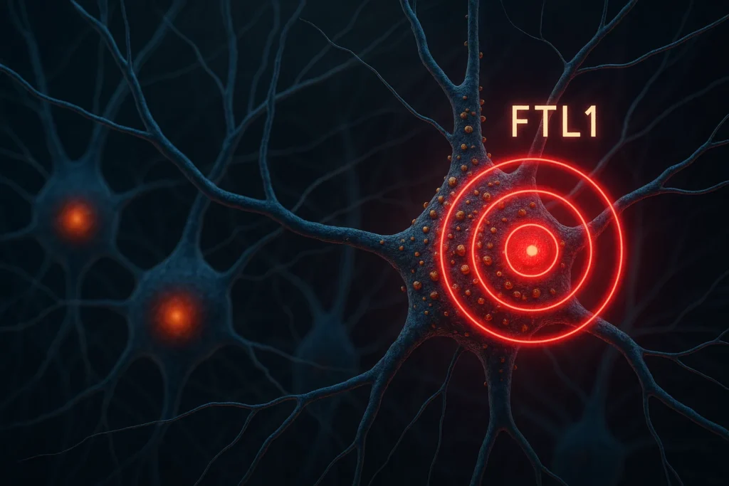 Scientific illustration of hippocampal neurons showing iron buildup labeled as FTL1, with a red target mark indicating it as a therapeutic focus, contrasted with healthy neurons