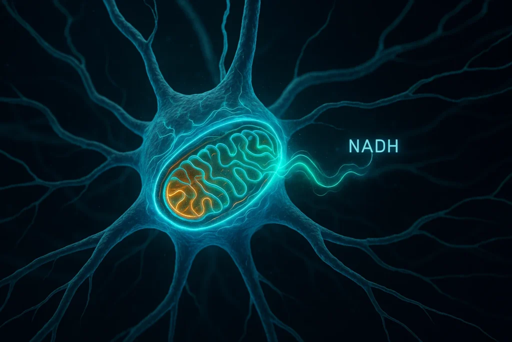 Biomedical illustration of a neuron’s mitochondria glowing with energy waves, showing NADH boosting ATP production and restoring cellular vitality.