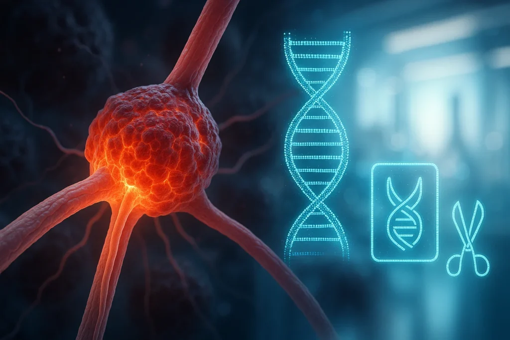 3D medical illustration of a human nerve with a glowing malignant tumor, CRISPR gene-editing icons, and DNA helix overlay, symbolizing breakthrough research in MPNST cancer treatment.