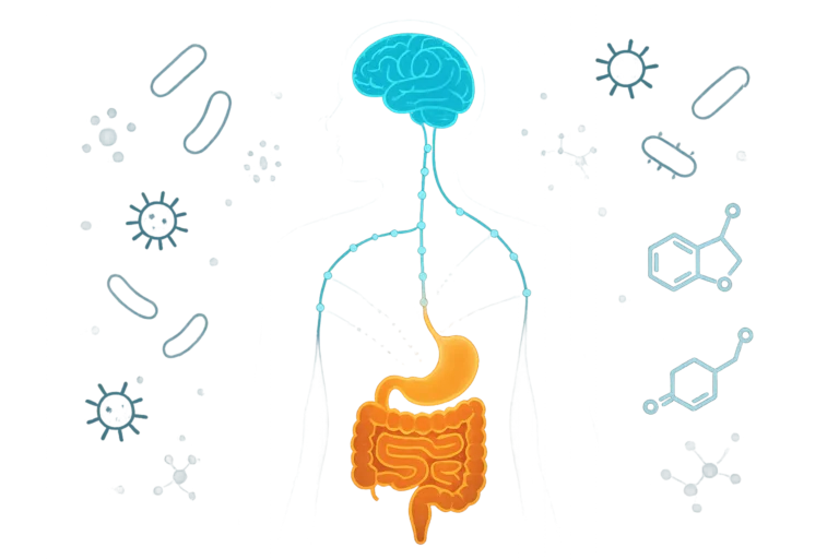 Concept art of a human silhouette with a glowing digestive system connected by neural pathways to the brain, symbolizing the gut-brain axis and microbiota impact on mental health.