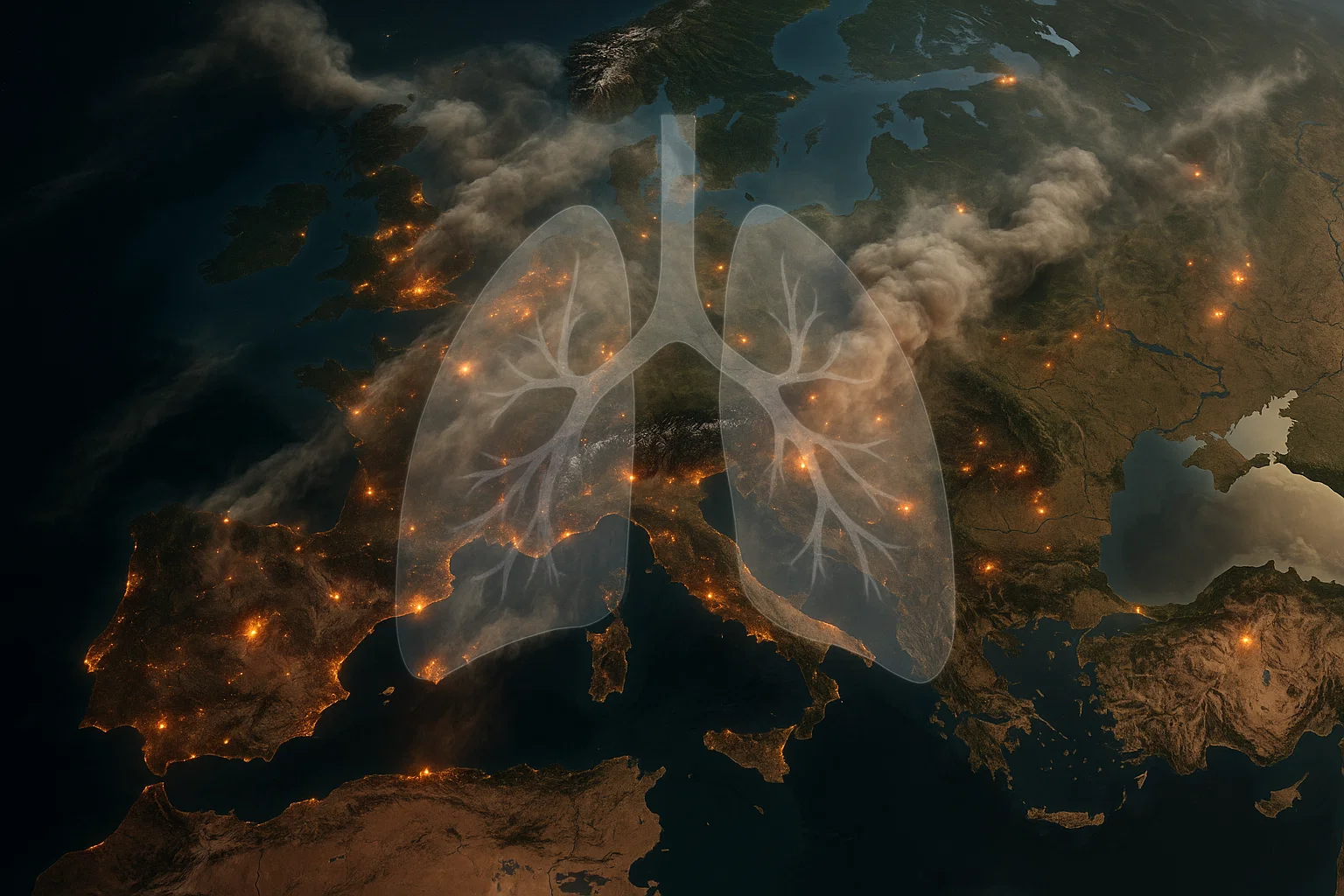 Satellite view covered in drifting wildfire smoke with highlighted hotspots, illustrating the widespread health threat of wildfire pollution.
