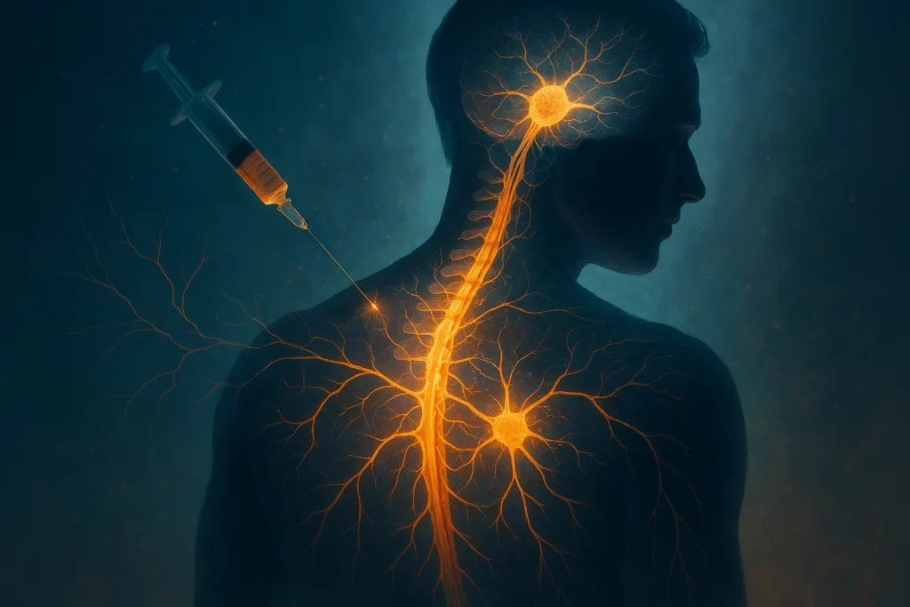 Medical illustration of lab-grown motor neurons transplanted into the human spinal cord, showing glowing neuron networks as a future therapy for ALS and spinal cord injuries.