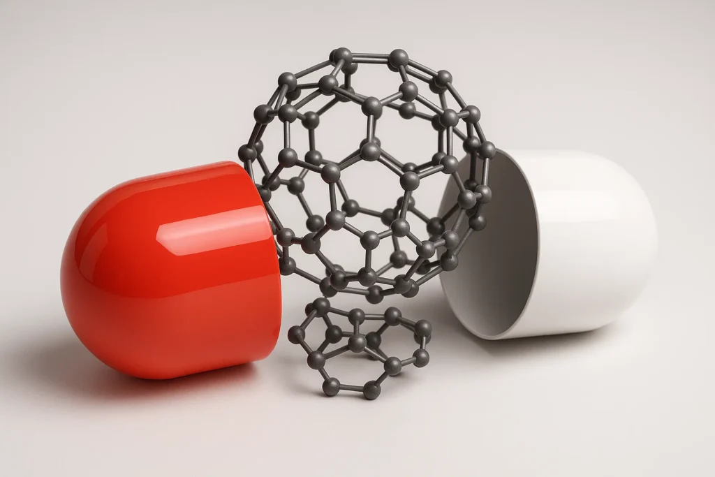 Fullerene nanomedicine with capsule case 3d rendered.
