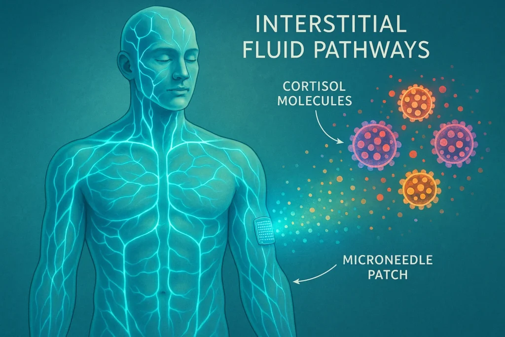 Scientific illustration of the human body with glowing interstitial fluid pathways, visualizing cortisol molecules as colorful stress signals being captured by a microneedle patch, futuristic biomarker monitoring artwork in vibrant medical tones.