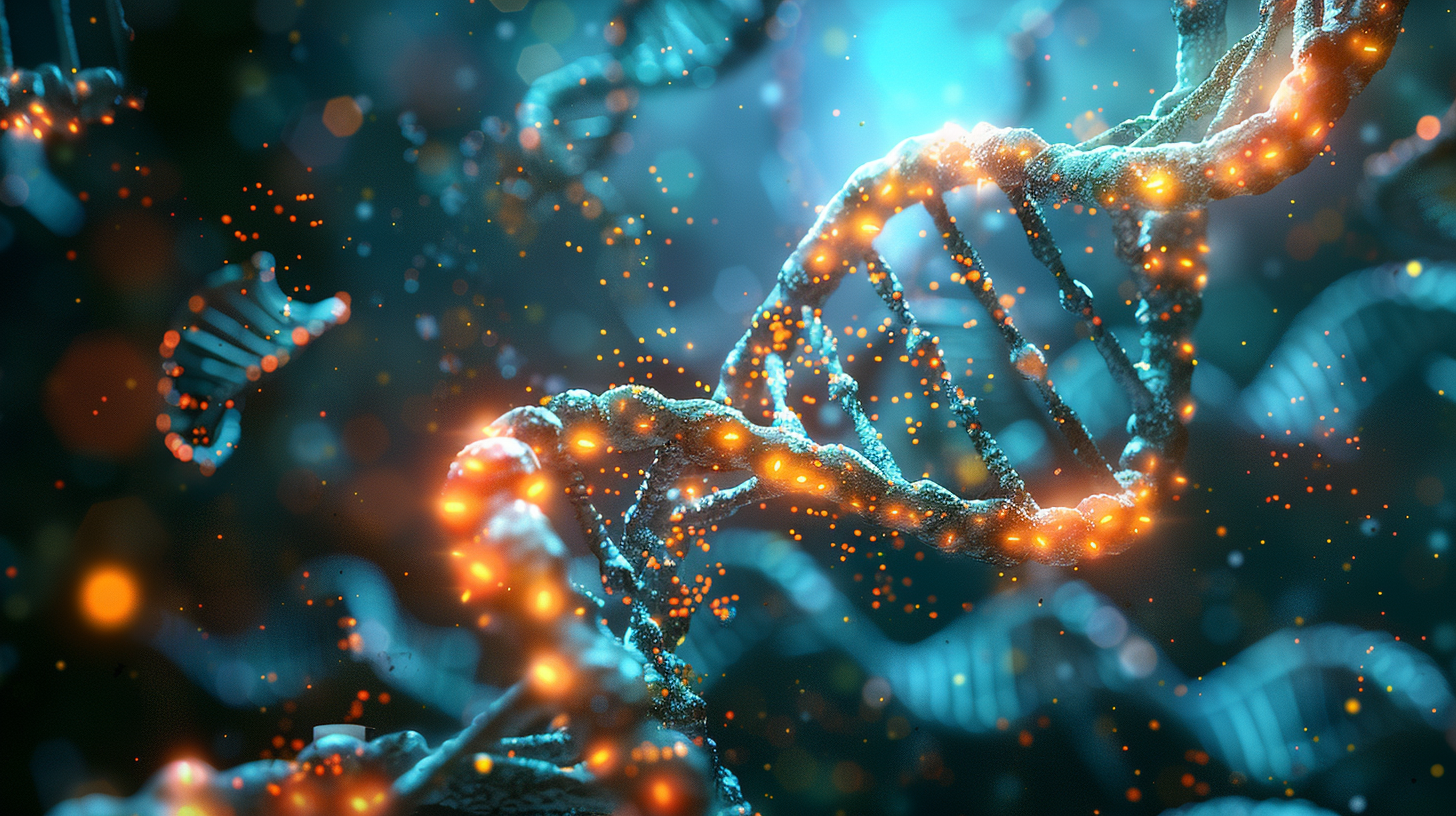 Scientific illustration of the oncogene SLC35F2 acting as a transporter protein on a human cell membrane, allowing queuine and queuosine micronutrients to enter the cell, with DNA helix in the background.