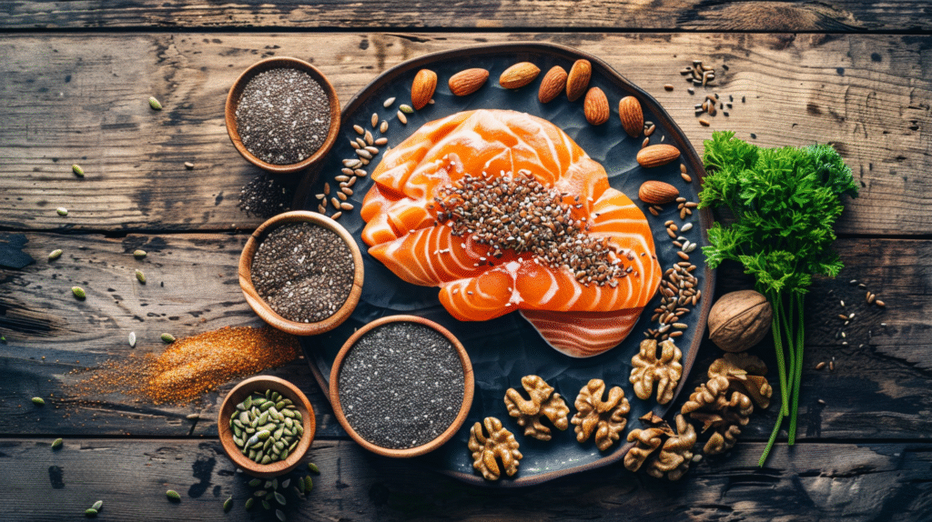 Flat-lay of omega-3 rich foods such as salmon, walnuts, chia seeds, and flaxseeds arranged in the shape of a brain, symbolizing diet-based prevention of Alzheimer’s.