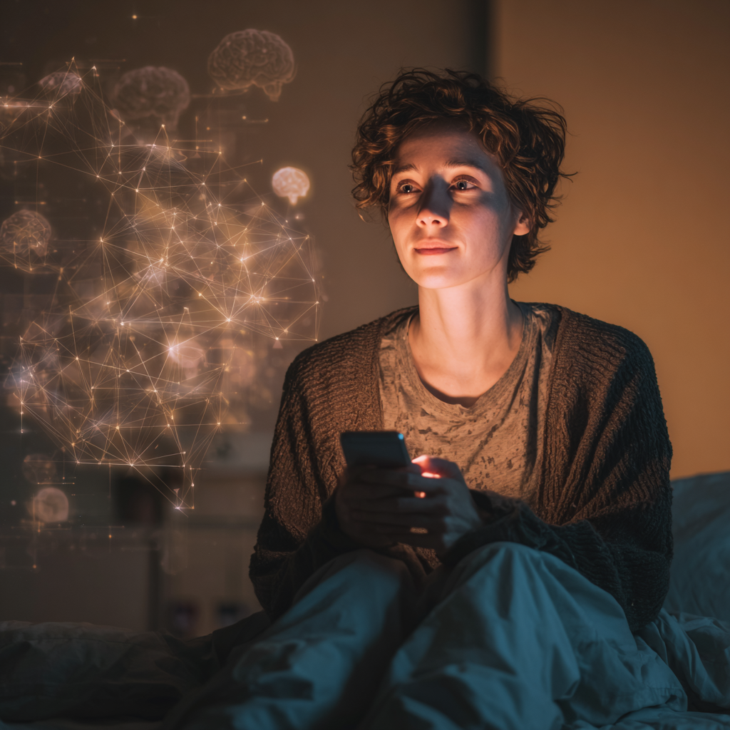 A psychiatric patient using a smartphone app for suicide prevention, symbolizing digital therapeutic mental health care.