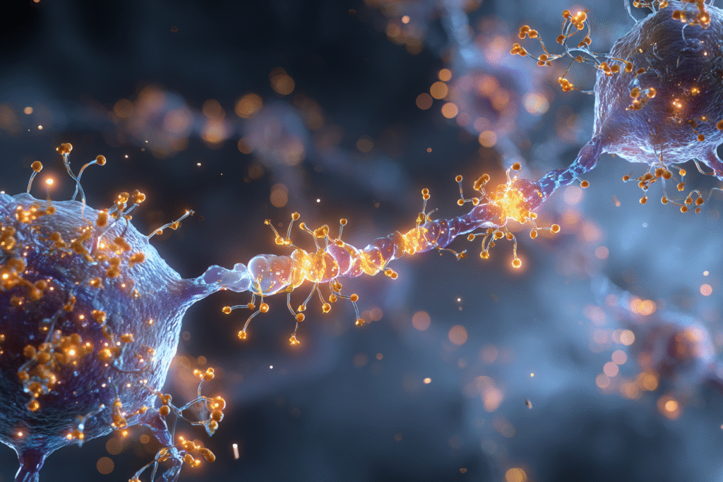 Futuristic 3D rendering of tRNA modified with queuosine during protein translation, highlighting effects on healthy neurons versus cancer cells, illustrating SLC35F2’s role in health and disease.