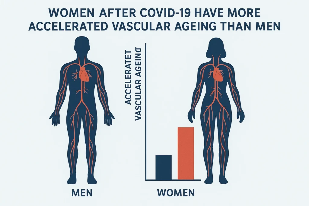 Infographic showing sex differences in vascular ageing after COVID-19, with women displaying greater arterial stiffness than men.