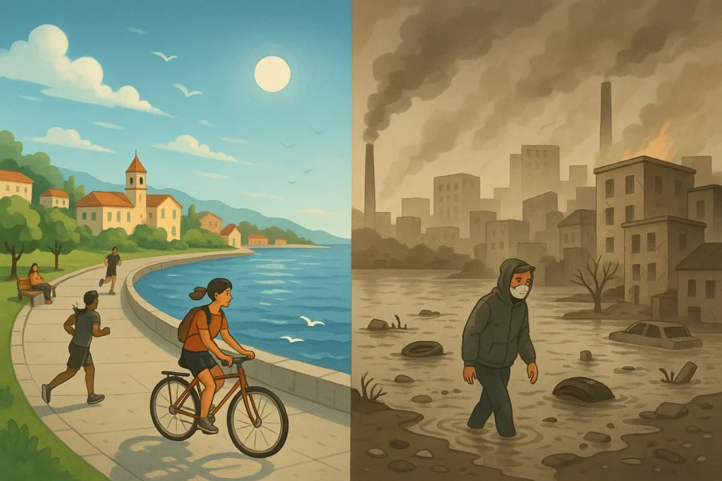 A split landscape showing a healthy seaside town with clean air on one side and a polluted inland lake with flood risks on the other, highlighting blue space health differences.