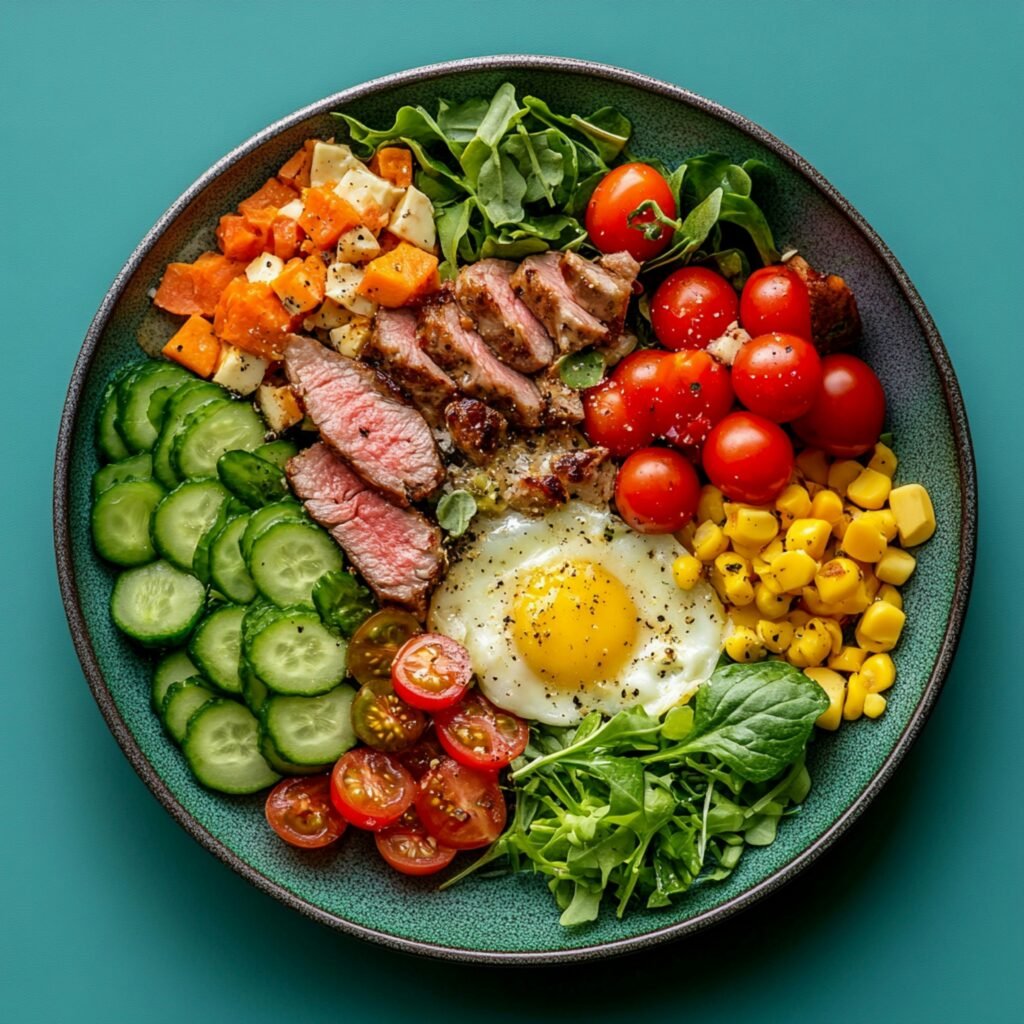 World map creatively made from protein-rich foods, half formed with animal proteins like fish, chicken, eggs, and dairy, and half with plant proteins like beans, lentils, soy, and quinoa, symbolizing global nutrition balance and longevity.
