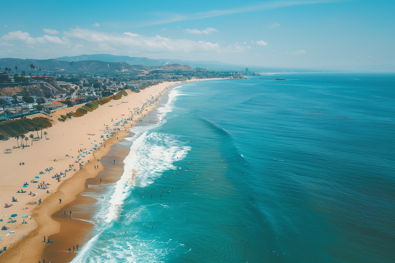 A vibrant coastal city with clear blue ocean and golden beaches where people walk and exercise, symbolizing health benefits and longer life near the sea.