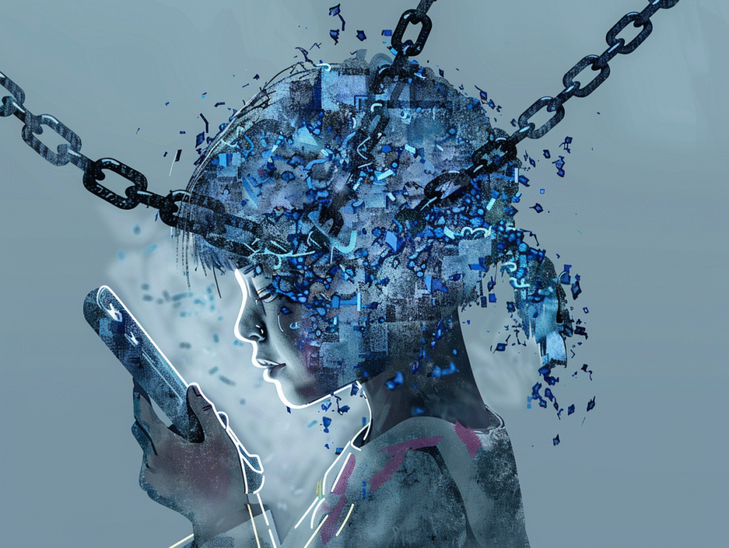 Concept art of a smartphone transforming into chains wrapped around a child’s brain, showing the link between digital addiction and declining mental health in youth.