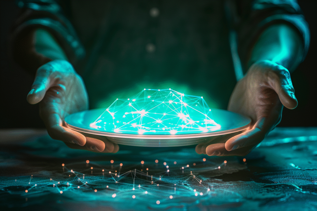Artistic visualization of appetite suppression shown as a dinner plate transforming into glowing geometric patterns, symbolizing controlled eating and energy balance.