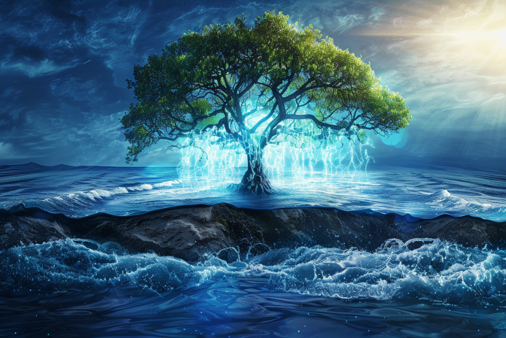 An artistic scene of a glowing life tree between a flowing river and ocean horizon, representing the link between blue spaces, environmental health, and longevity.