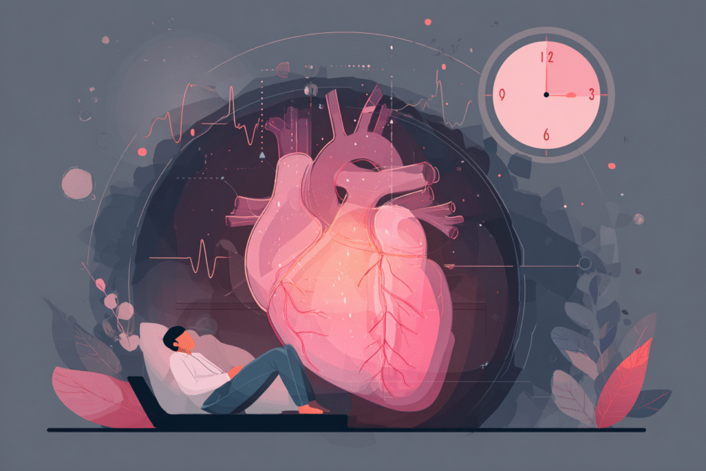 Artistic illustration of a glowing heart inside a sleeping figure, symbolizing how sleep regularity impacts heart health and recovery after hospitalization.