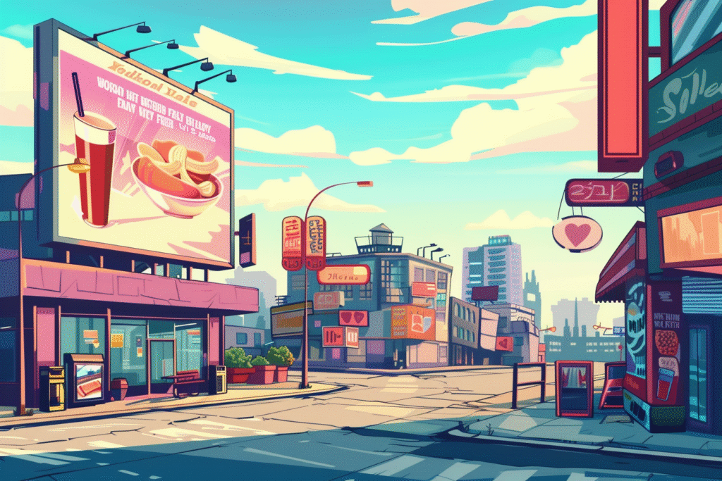 Futuristic city scene with warnings against sugary ultraprocessed foods and posters promoting whole foods, symbolizing public health reforms for better nutrition.