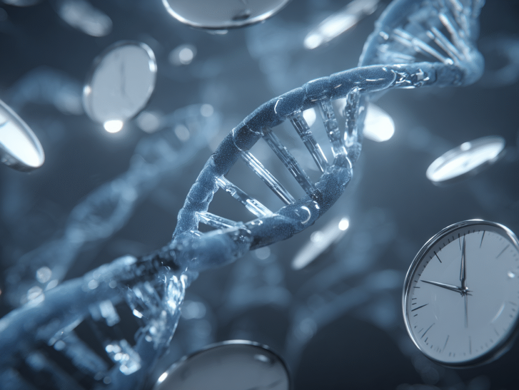 Futuristic DNA strands intertwined with glowing clocks and plates, representing genetic influences on chrononutrition and late meal timing in older adults.